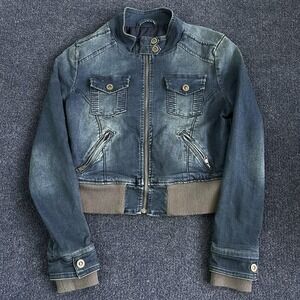 Vintage Y2K Rose Royce Jacket Womens Small Blue Denim Bomber Full Zip Ribbed Hem